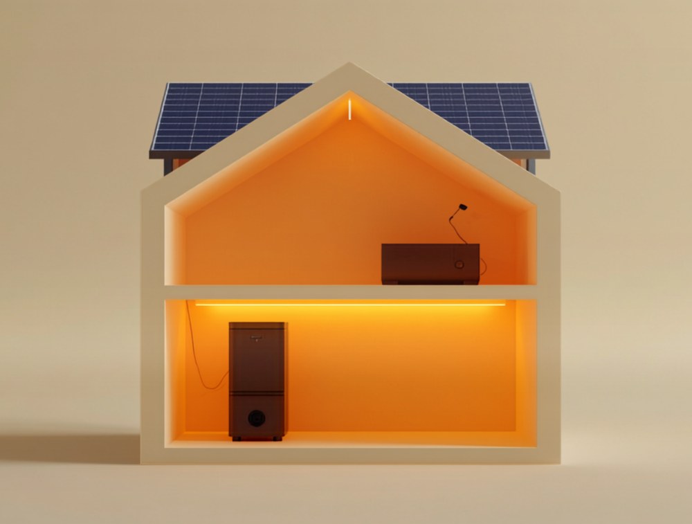 Illustration: Haus im Querschnitt – Energie fließt vom Solardach nach innen zu Wohnraum, Speicher und Miner