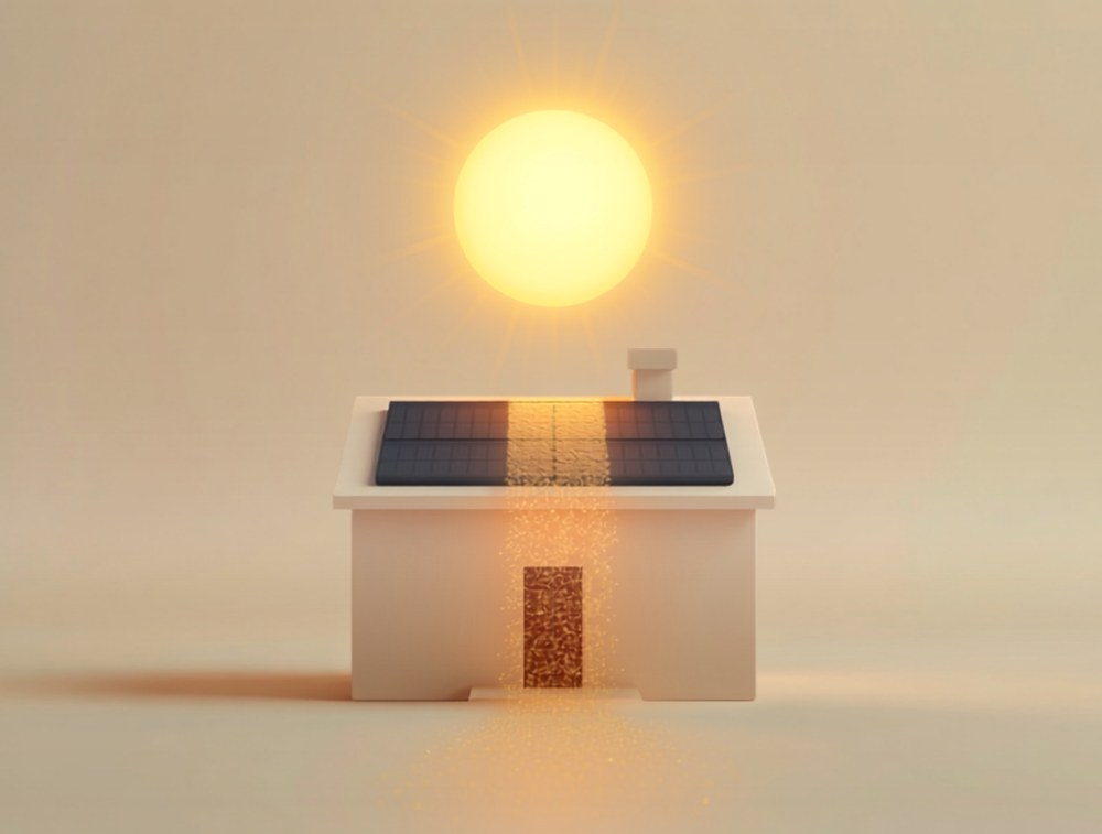 Illustration: Die Mittagssonne schickt einen goldenen Energiestrom auf das Photovoltaik-Dach eines Hauses